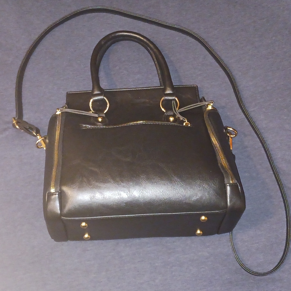 Black Handbag Shoulder Bag with Gold Accents